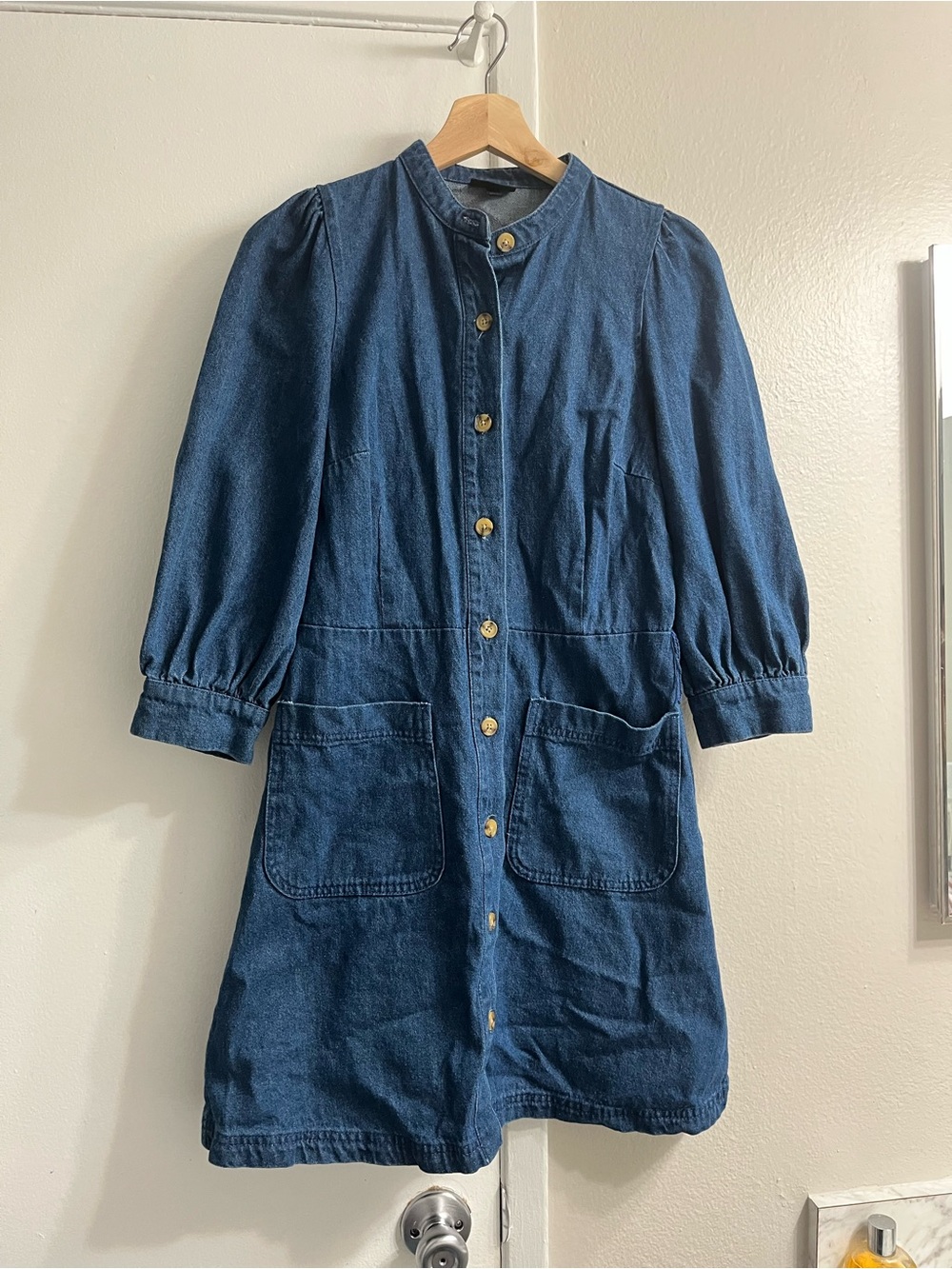 Who What Wear Dark Blue Denim Midi Dress with Puff Sleeves